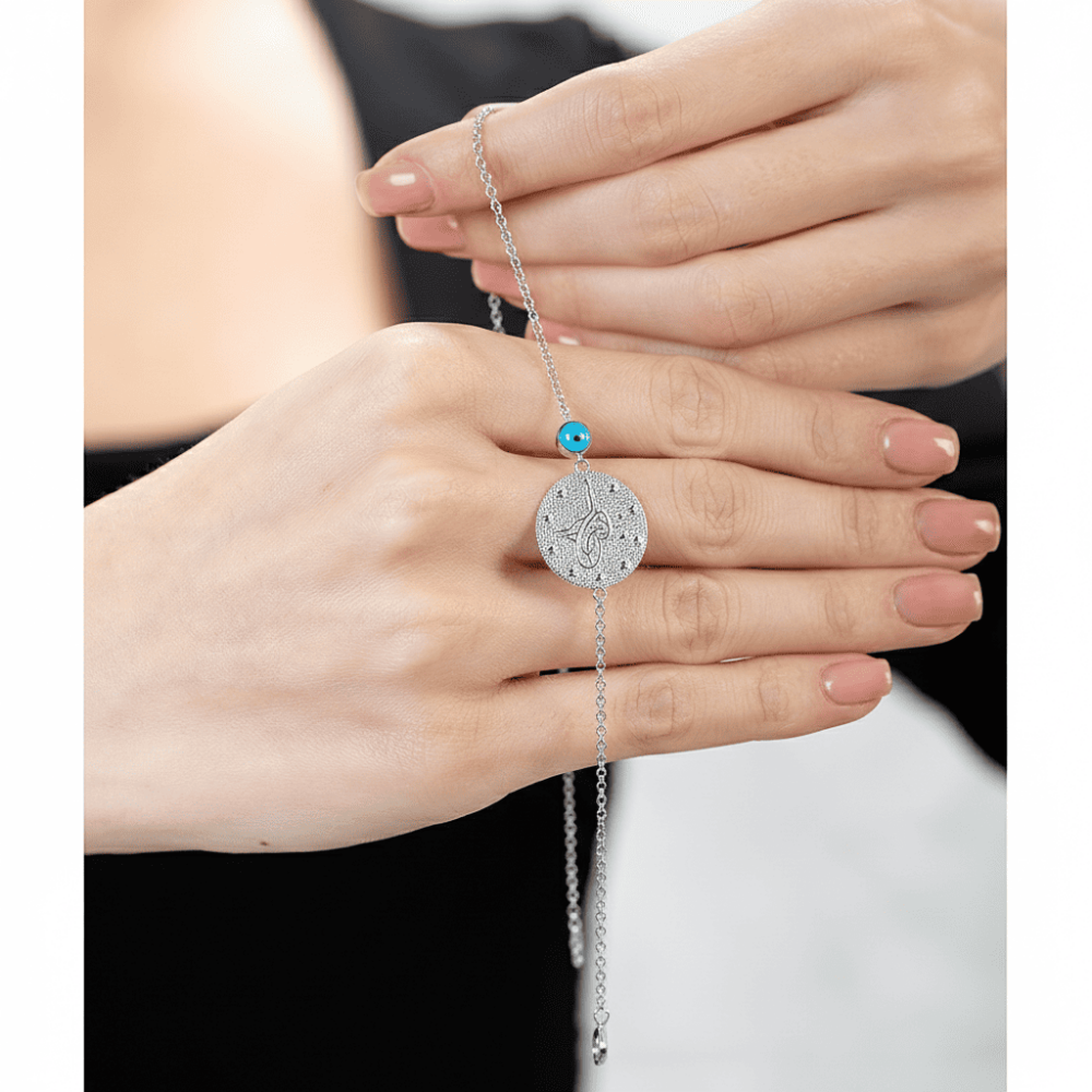 Gümüş Renk Mecidiye Tasarım Nazar Boncuğu Detaylı 925 Ayar Gümüş Kadın Bileklik - 9