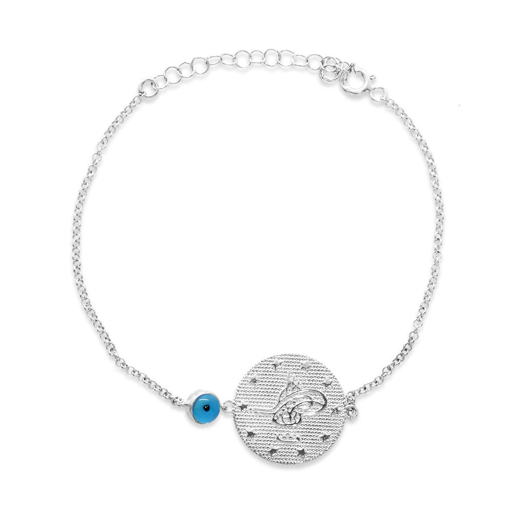 Gümüş Renk Mecidiye Tasarım Nazar Boncuğu Detaylı 925 Ayar Gümüş Kadın Bileklik - 4