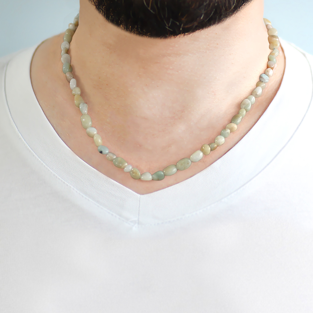 Gümüş Renk Metal Zincirli Amorf Amazonit Doğaltaş Erkek Kolye - 2