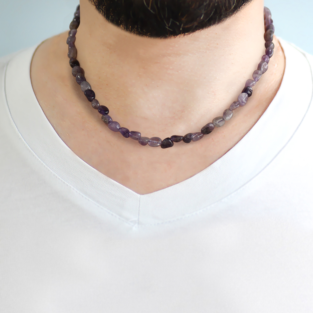 Gümüş Renk Metal Zincirli Amorf Ametist Doğaltaş Erkek Kolye - 3