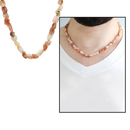 Gümüş Renk Metal Zincirli Amorf Güneş Taşı Doğaltaş Erkek Kolye - Tesbihane