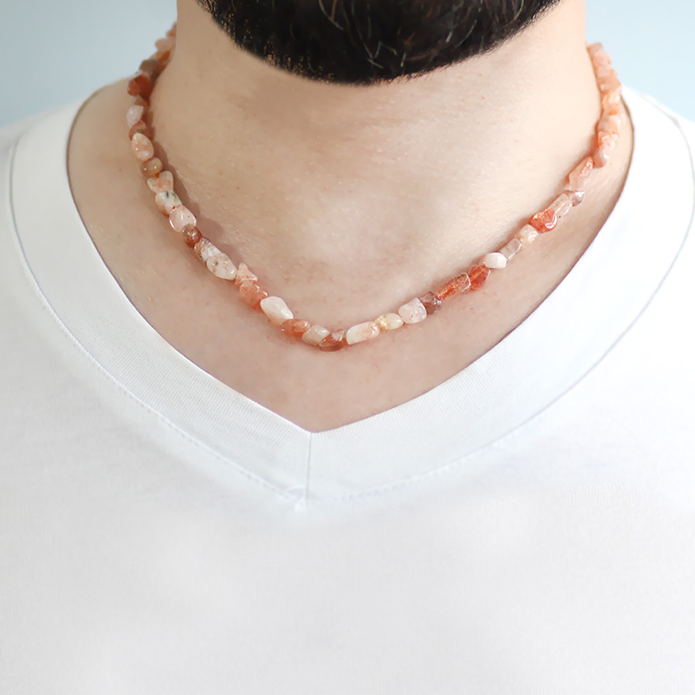 Gümüş Renk Metal Zincirli Amorf Güneş Taşı Doğaltaş Erkek Kolye - 3