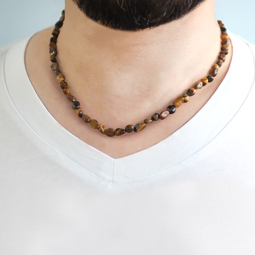 Gümüş Renk Metal Zincirli Amorf Kaplan Gözü Doğaltaş Erkek Kolye - 3