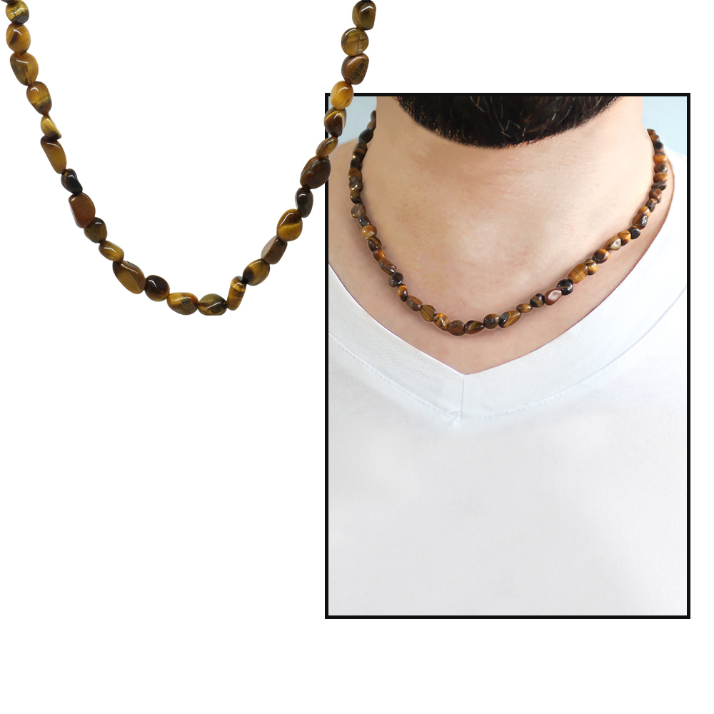 Gümüş Renk Metal Zincirli Amorf Kaplan Gözü Doğaltaş Erkek Kolye - 1