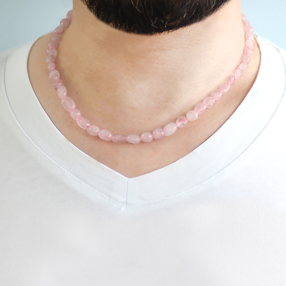 Gümüş Renk Metal Zincirli Amorf Pembe Kuvars Doğaltaş Erkek Kolye - 3