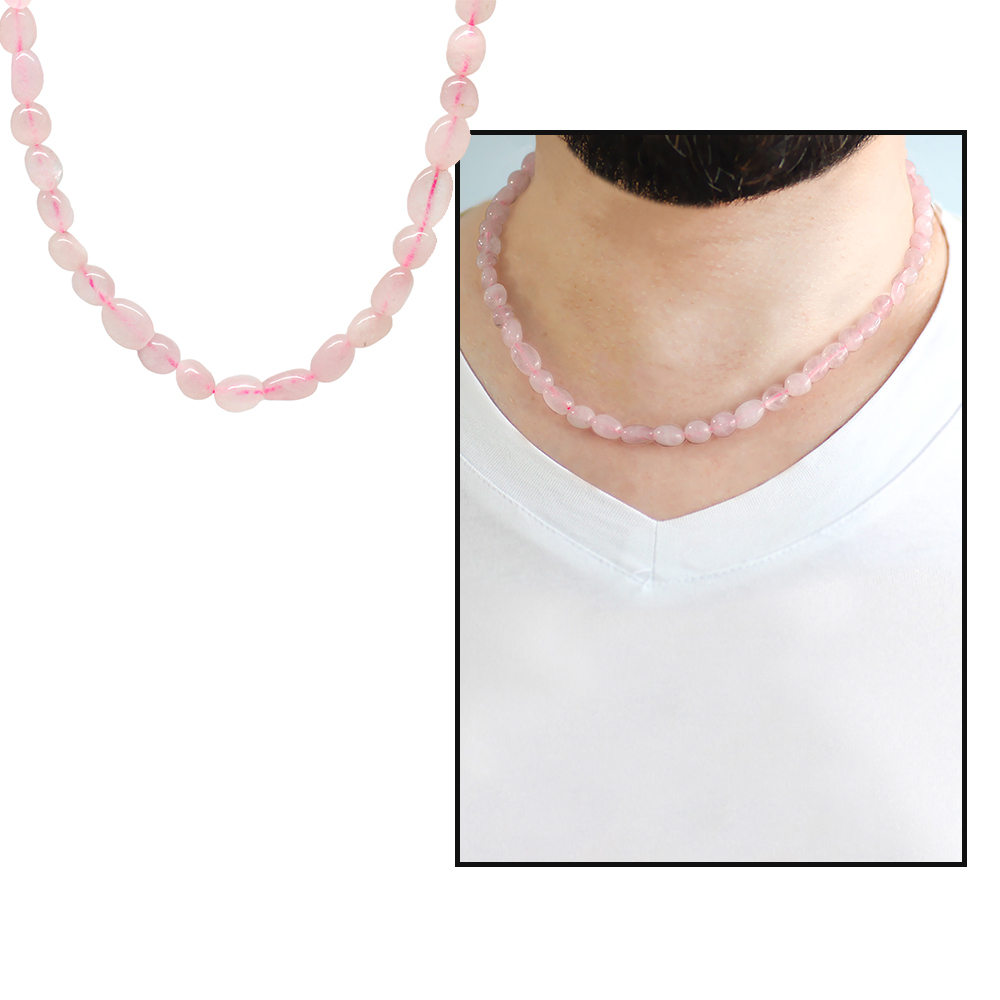 Gümüş Renk Metal Zincirli Amorf Pembe Kuvars Doğaltaş Erkek Kolye - 1