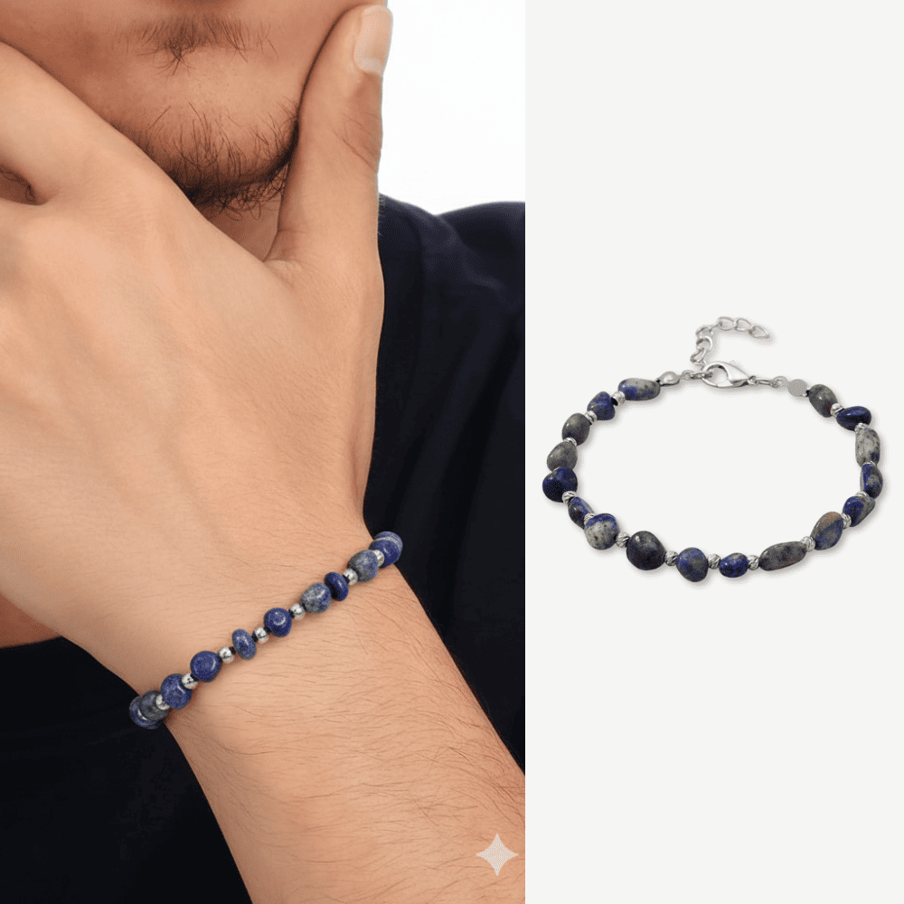 Gümüş Renk Metal Zincirli Dorika Top Süslemeli Amorf Lapis Doğaltaş Erkek Bileklik - 1