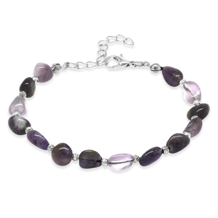 Gümüş Renk Metal Zincirli Dorika Top Süslemeli Amorf Ametist Doğaltaş Erkek Bileklik - Tesbihane