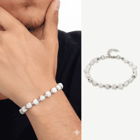 Gümüş Renk Metal Zincirli Dorika Top Süslemeli Amorf Ay Taşı Doğaltaş Erkek Bileklik - Tesbihane