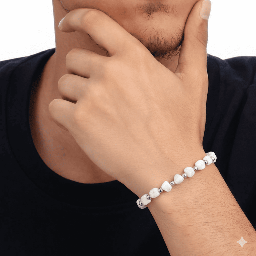 Gümüş Renk Metal Zincirli Dorika Top Süslemeli Amorf Ay Taşı Doğaltaş Erkek Bileklik - 2