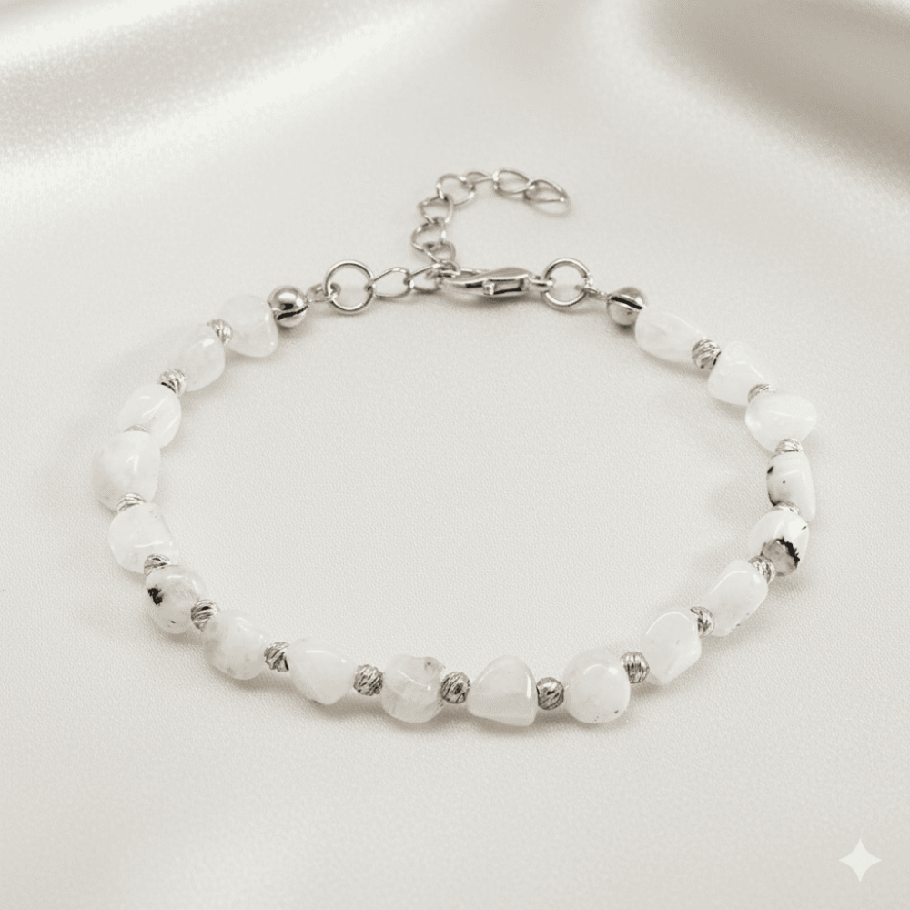 Gümüş Renk Metal Zincirli Dorika Top Süslemeli Amorf Ay Taşı Doğaltaş Erkek Bileklik - 3