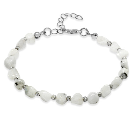 Gümüş Renk Metal Zincirli Dorika Top Süslemeli Amorf Ay Taşı Doğaltaş Erkek Bileklik - Tesbihane