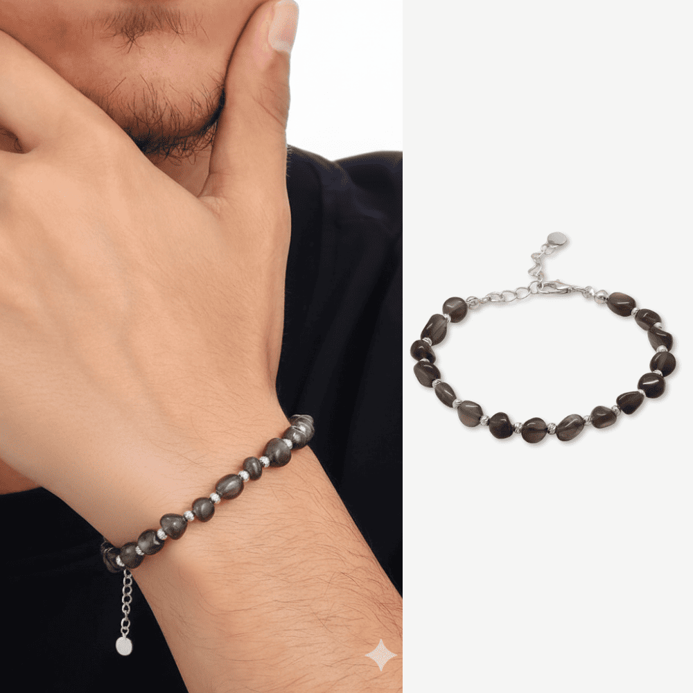 Gümüş Renk Metal Zincirli Dorika Top Süslemeli Amorf Dumanlı Kuvars Doğaltaş Erkek Bileklik - 1