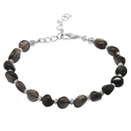 Gümüş Renk Metal Zincirli Dorika Top Süslemeli Amorf Dumanlı Kuvars Doğaltaş Erkek Bileklik - Tesbihane