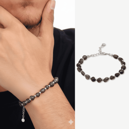 Gümüş Renk Metal Zincirli Dorika Top Süslemeli Amorf Dumanlı Kuvars Doğaltaş Erkek Bileklik - Tesbihane