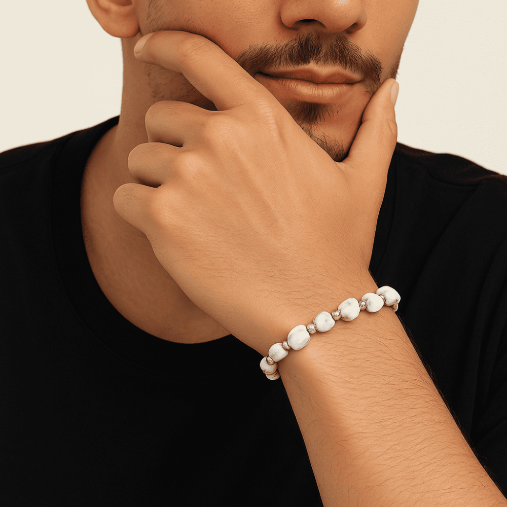 Gümüş Renk Metal Zincirli Dorika Top Süslemeli Amorf Havlit Doğaltaş Erkek Bileklik - 2