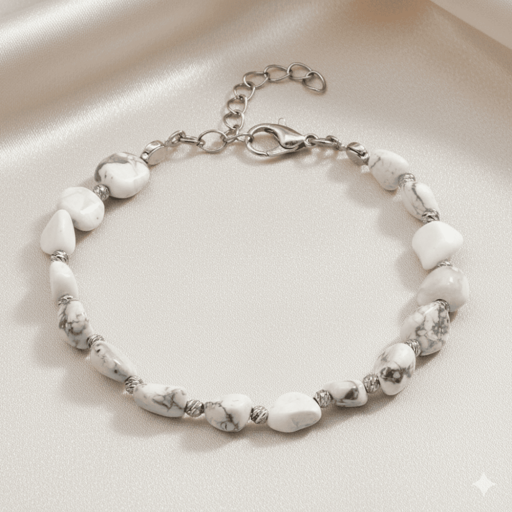 Gümüş Renk Metal Zincirli Dorika Top Süslemeli Amorf Havlit Doğaltaş Erkek Bileklik - 3