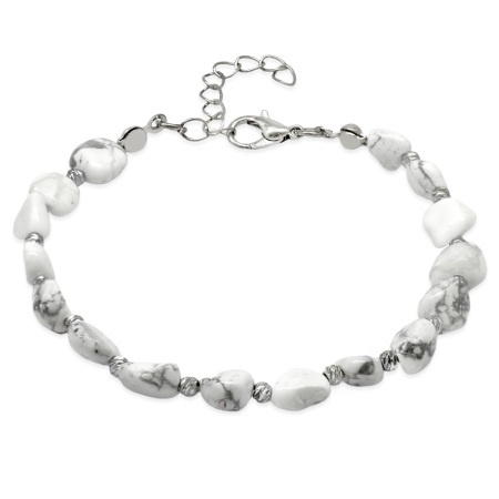 Gümüş Renk Metal Zincirli Dorika Top Süslemeli Amorf Havlit Doğaltaş Erkek Bileklik - Tesbihane