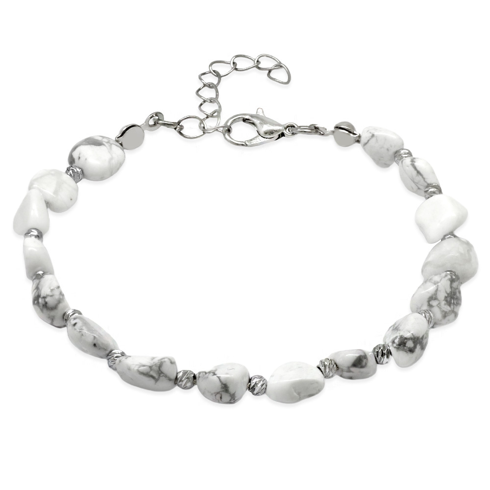 Gümüş Renk Metal Zincirli Dorika Top Süslemeli Amorf Havlit Doğaltaş Erkek Bileklik - 4