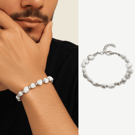 Gümüş Renk Metal Zincirli Dorika Top Süslemeli Amorf Havlit Doğaltaş Erkek Bileklik - Tesbihane