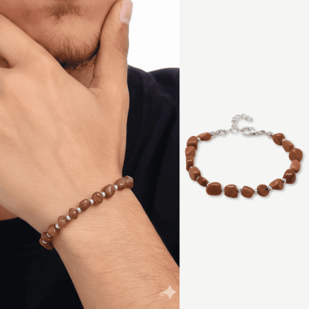 Gümüş Renk Metal Zincirli Dorika Top Süslemeli Amorf Kahverengi Yıldız Taşı Doğaltaş Erkek Bileklik - Tesbihane