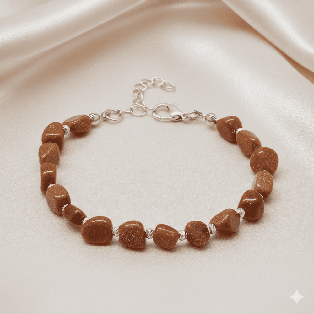 Gümüş Renk Metal Zincirli Dorika Top Süslemeli Amorf Kahverengi Yıldız Taşı Doğaltaş Erkek Bileklik - 3