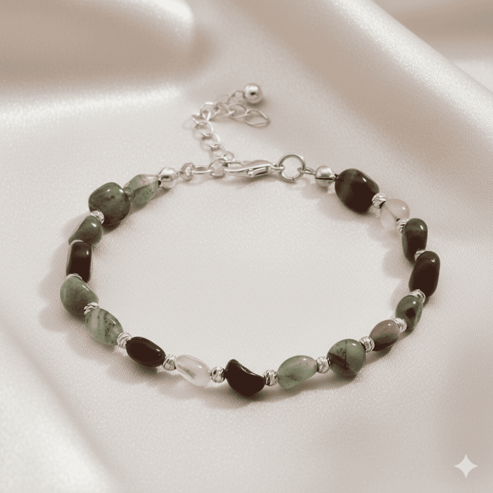 Gümüş Renk Metal Zincirli Dorika Top Süslemeli Amorf Kan Taşı Doğaltaş Erkek Bileklik - 3