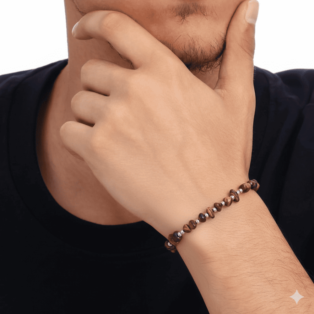 Gümüş Renk Metal Zincirli Dorika Top Süslemeli Amorf Kaplan Gözü Doğaltaş Erkek Bileklik - 2