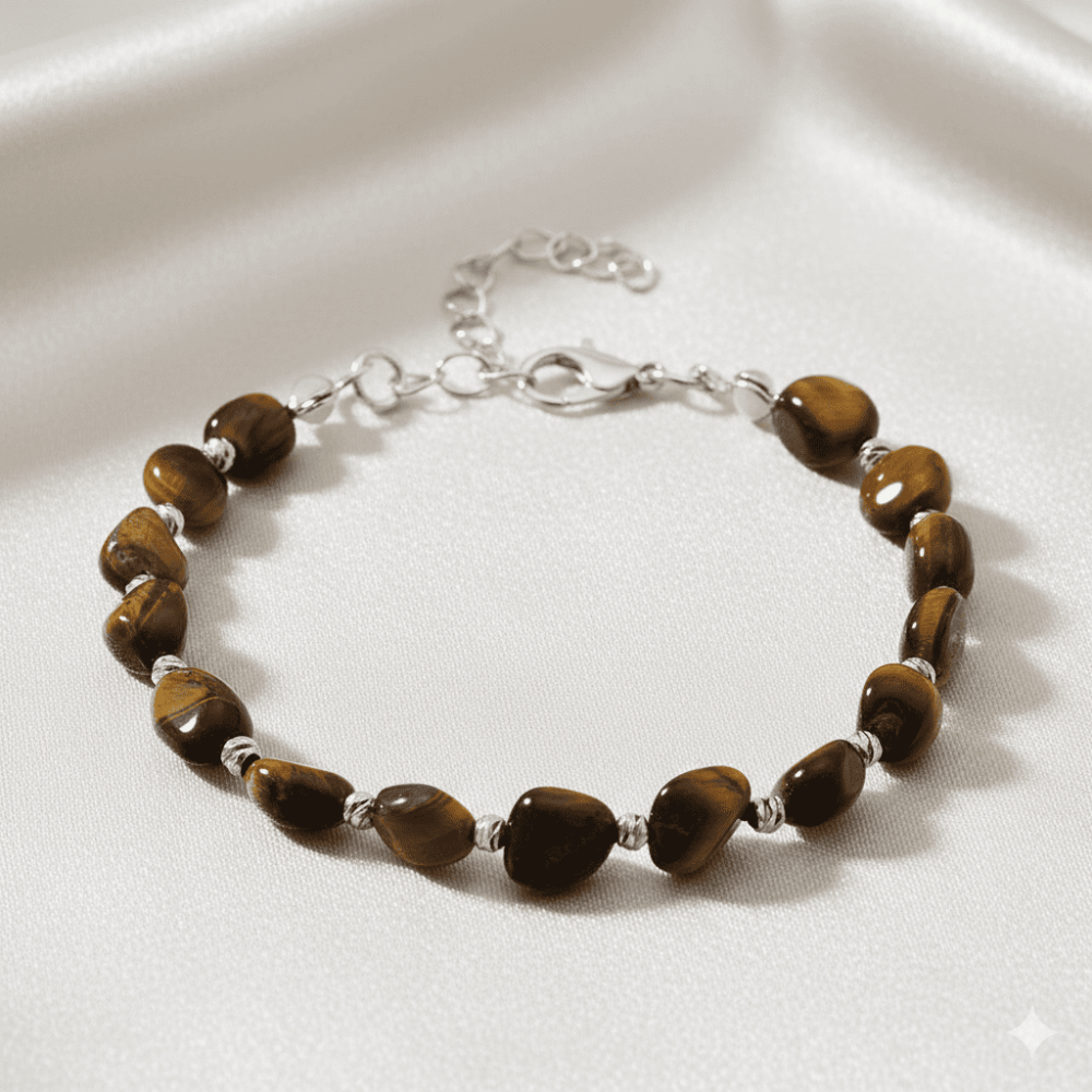 Gümüş Renk Metal Zincirli Dorika Top Süslemeli Amorf Kaplan Gözü Doğaltaş Erkek Bileklik - 3