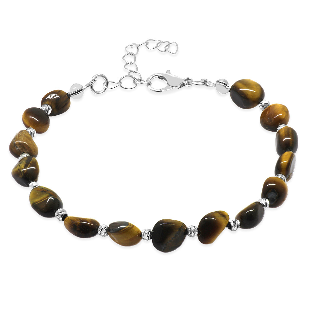 Gümüş Renk Metal Zincirli Dorika Top Süslemeli Amorf Kaplan Gözü Doğaltaş Erkek Bileklik - 1