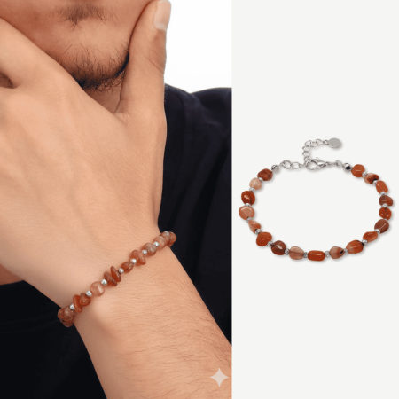 Gümüş Renk Metal Zincirli Dorika Top Süslemeli Amorf Kırmızı Beyaz Akik Doğaltaş Erkek Bileklik - Tesbihane