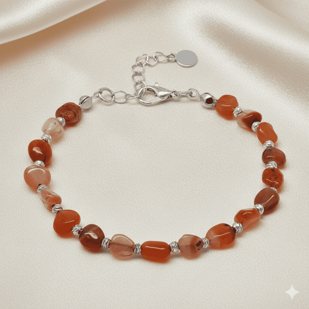 Gümüş Renk Metal Zincirli Dorika Top Süslemeli Amorf Kırmızı Beyaz Akik Doğaltaş Erkek Bileklik - 3