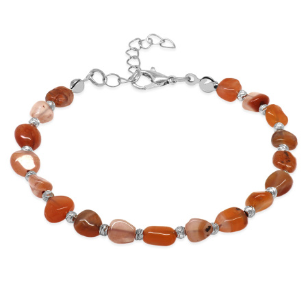 Gümüş Renk Metal Zincirli Dorika Top Süslemeli Amorf Kırmızı Beyaz Akik Doğaltaş Erkek Bileklik - Tesbihane