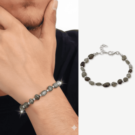 Gümüş Renk Metal Zincirli Dorika Top Süslemeli Amorf Labradorit Doğaltaş Erkek Bileklik - Tesbihane