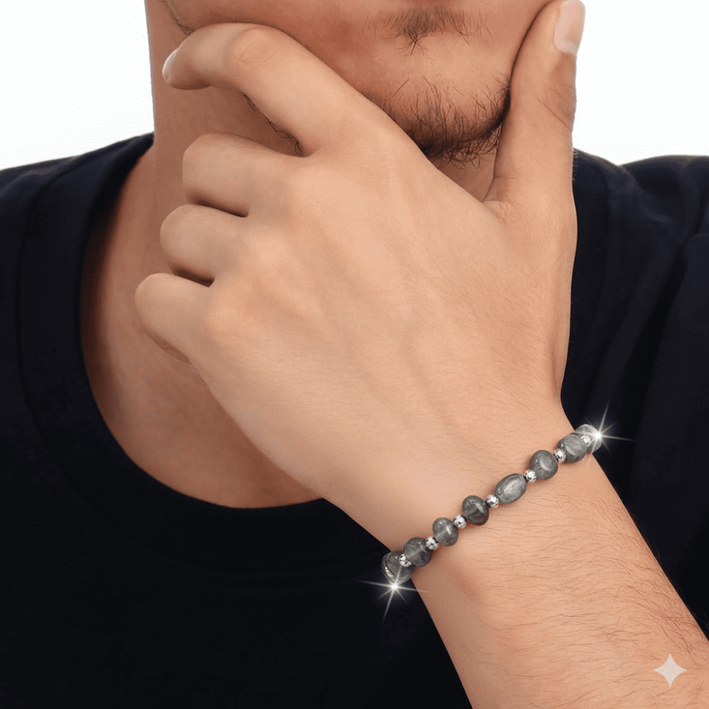 Gümüş Renk Metal Zincirli Dorika Top Süslemeli Amorf Labradorit Doğaltaş Erkek Bileklik - 2