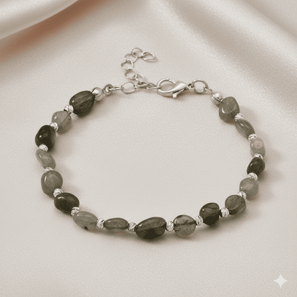 Gümüş Renk Metal Zincirli Dorika Top Süslemeli Amorf Labradorit Doğaltaş Erkek Bileklik - 3