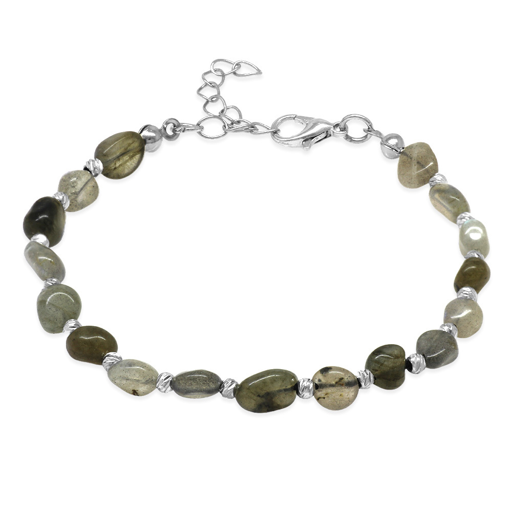 Gümüş Renk Metal Zincirli Dorika Top Süslemeli Amorf Labradorit Doğaltaş Erkek Bileklik - 4