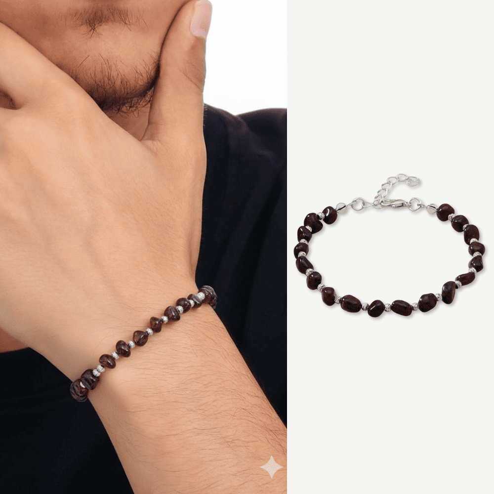 Gümüş Renk Metal Zincirli Dorika Top Süslemeli Amorf Lal Taşı Doğaltaş Erkek Bileklik - 1