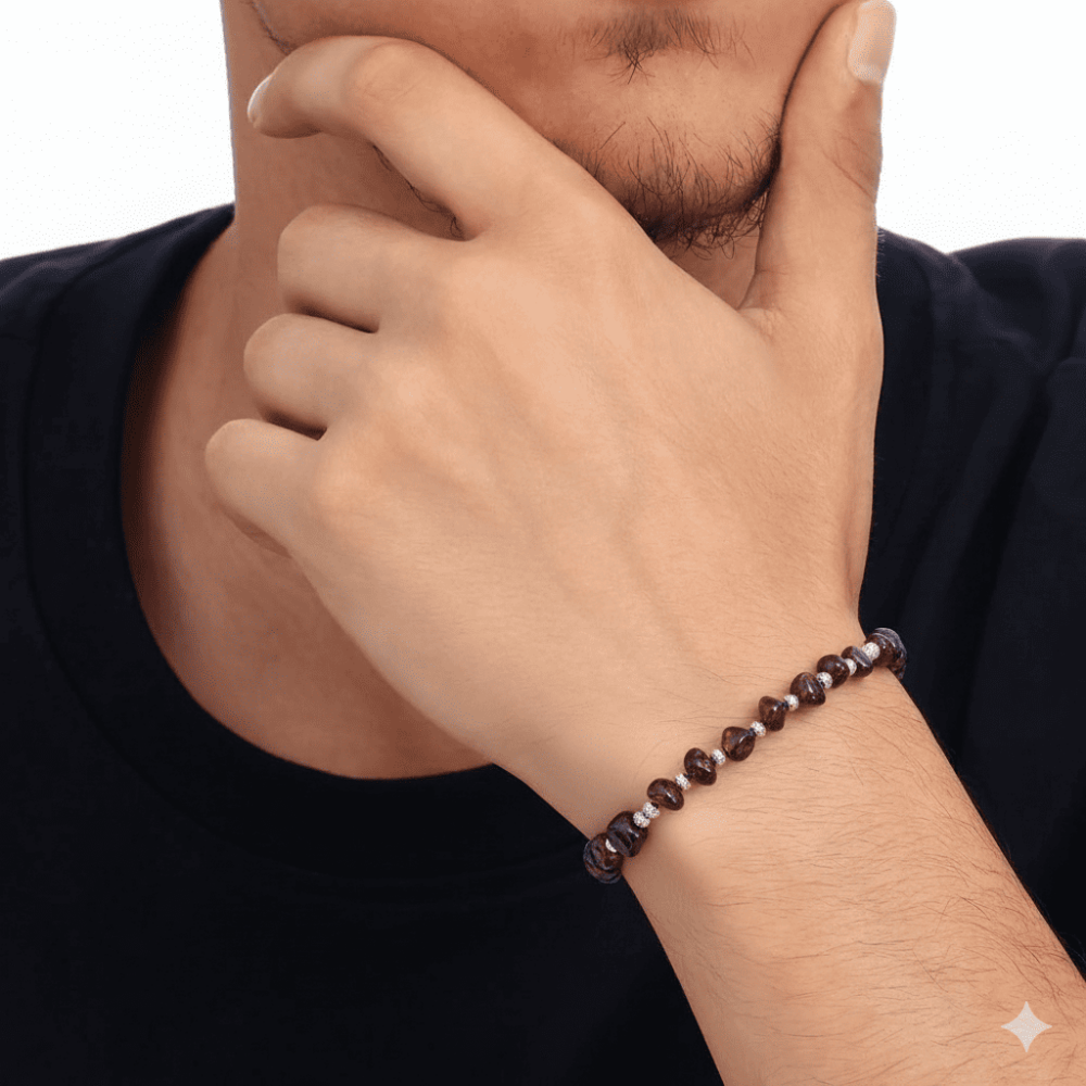 Gümüş Renk Metal Zincirli Dorika Top Süslemeli Amorf Lal Taşı Doğaltaş Erkek Bileklik - 2