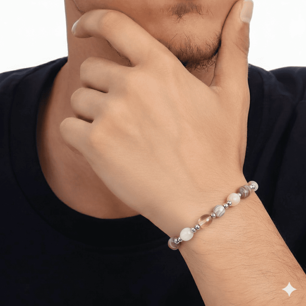 Gümüş Renk Metal Zincirli Dorika Top Süslemeli Amorf Madagaskar Akik Doğaltaş Erkek Bileklik - 2