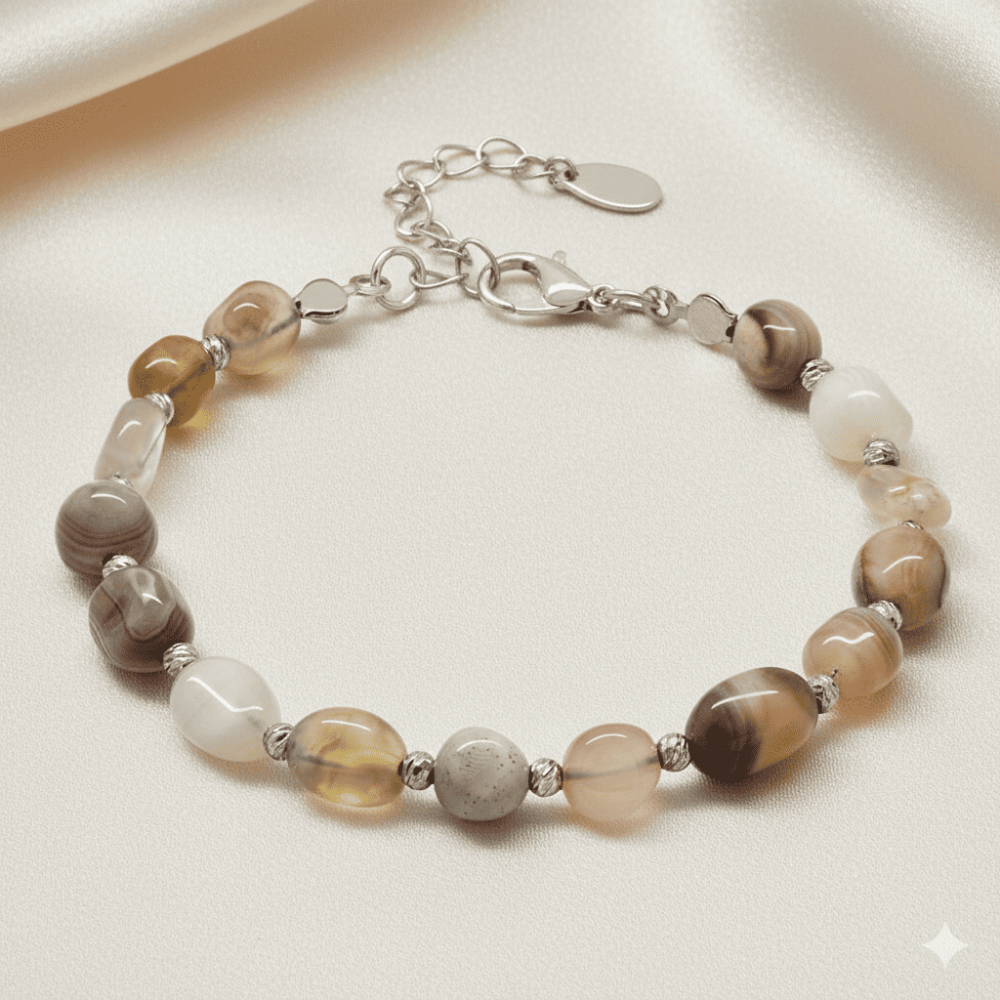 Gümüş Renk Metal Zincirli Dorika Top Süslemeli Amorf Madagaskar Akik Doğaltaş Erkek Bileklik - 3