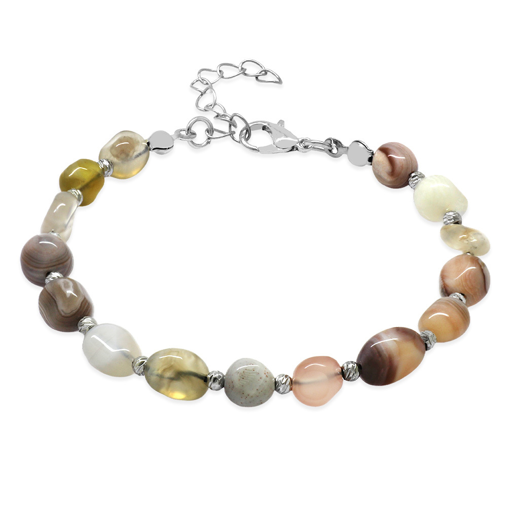 Gümüş Renk Metal Zincirli Dorika Top Süslemeli Amorf Madagaskar Akik Doğaltaş Erkek Bileklik - 4