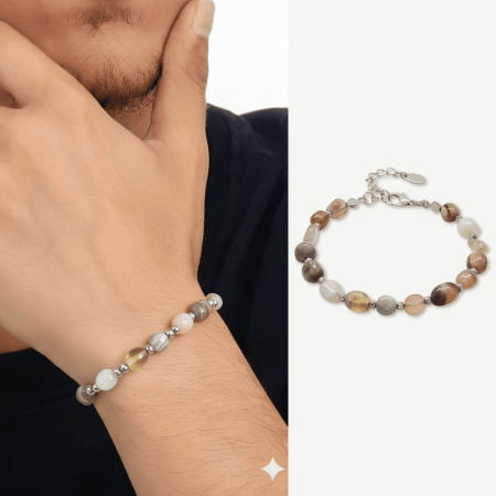 Gümüş Renk Metal Zincirli Dorika Top Süslemeli Amorf Madagaskar Akik Doğaltaş Erkek Bileklik - Tesbihane