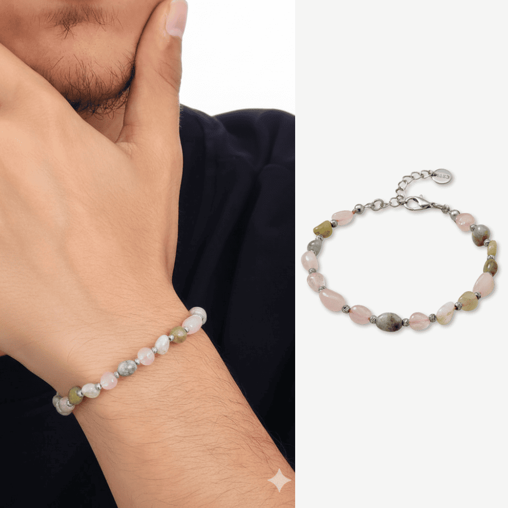 Gümüş Renk Metal Zincirli Dorika Top Süslemeli Amorf Morganit Doğaltaş Erkek Bileklik - 1