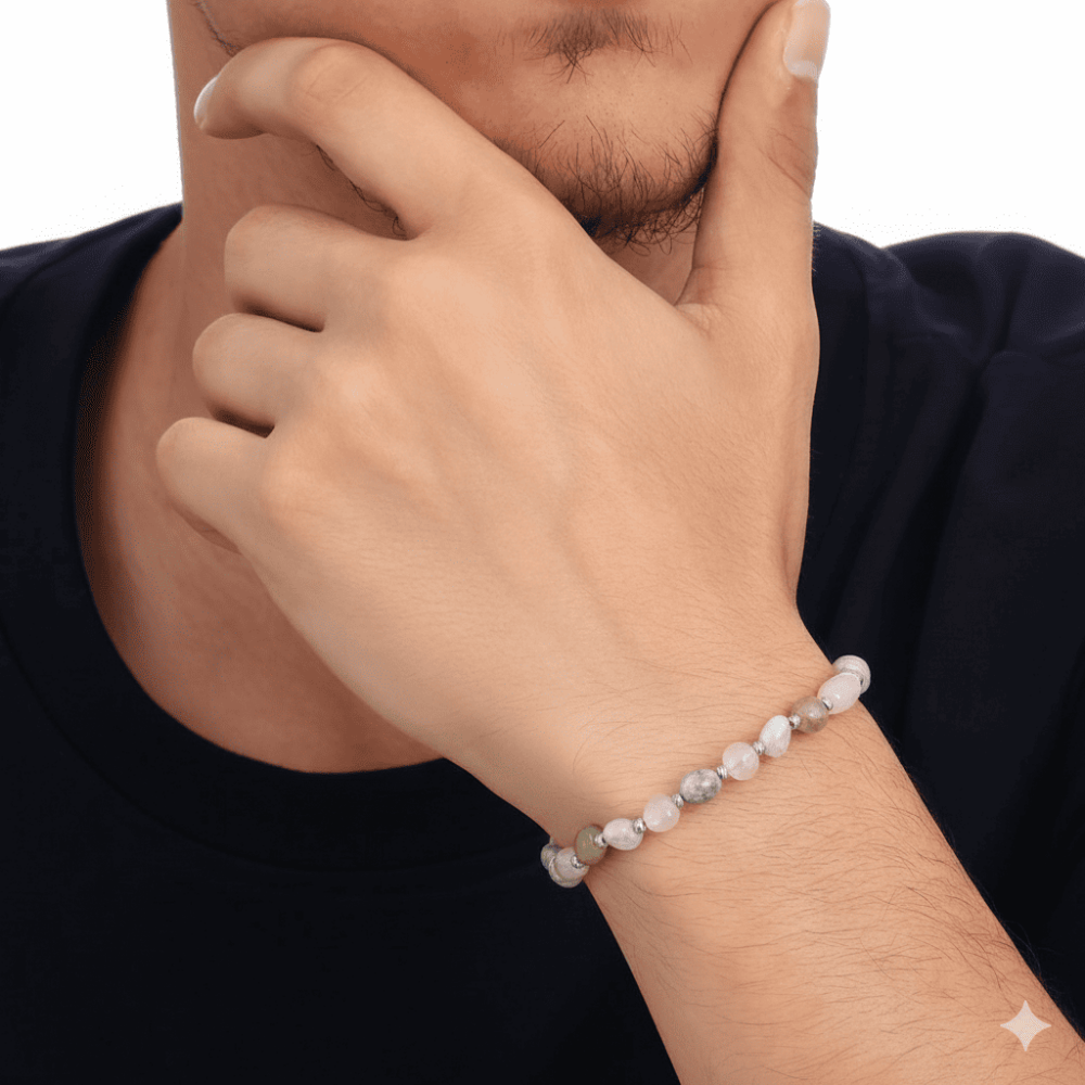 Gümüş Renk Metal Zincirli Dorika Top Süslemeli Amorf Morganit Doğaltaş Erkek Bileklik - 2