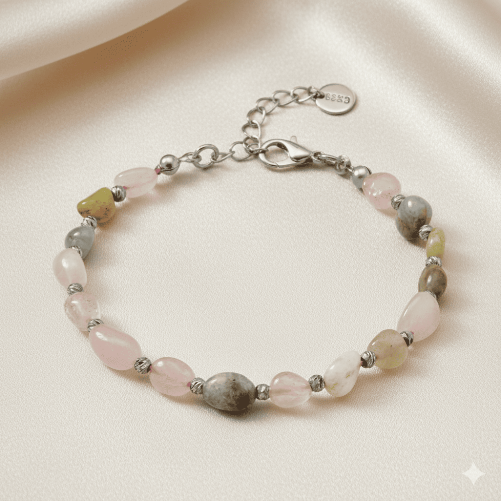 Gümüş Renk Metal Zincirli Dorika Top Süslemeli Amorf Morganit Doğaltaş Erkek Bileklik - 3