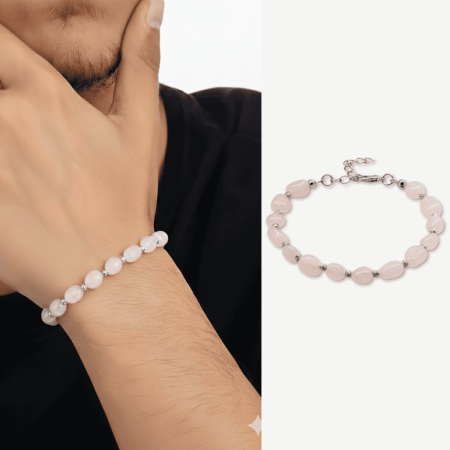 Gümüş Renk Metal Zincirli Dorika Top Süslemeli Amorf Pembe Kuvars Doğaltaş Erkek Bileklik - Tesbihane