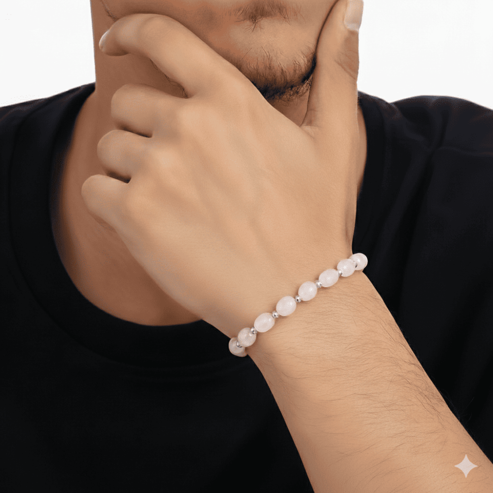 Gümüş Renk Metal Zincirli Dorika Top Süslemeli Amorf Pembe Kuvars Doğaltaş Erkek Bileklik - 2