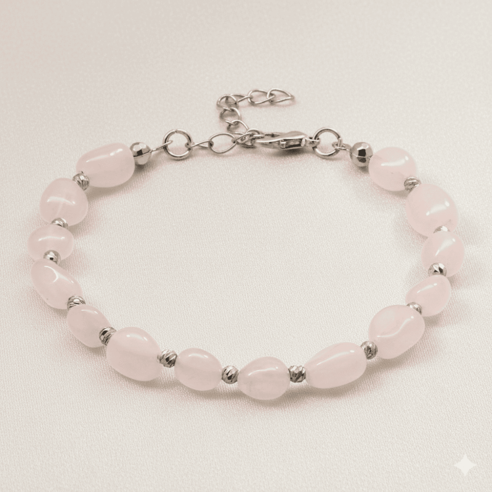 Gümüş Renk Metal Zincirli Dorika Top Süslemeli Amorf Pembe Kuvars Doğaltaş Erkek Bileklik - 3