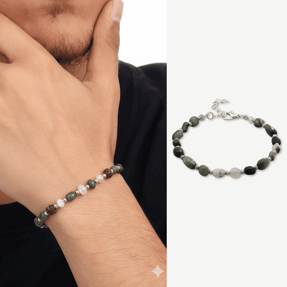 Gümüş Renk Metal Zincirli Dorika Top Süslemeli Amorf Şahin Gözü Doğaltaş Erkek Bileklik - 1